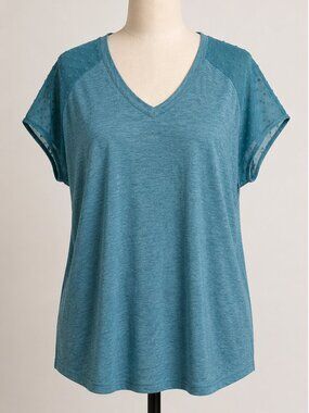 Teal V-Neck Swiss Dot Sleeve Tee | XL | Lightweight Casual Top
